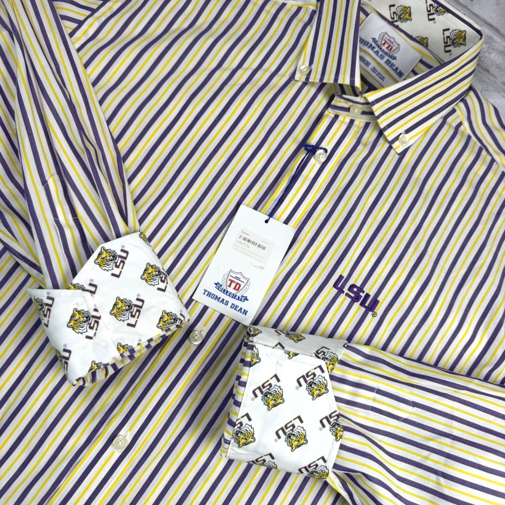 NWT Thomas Dean LSU Tigers Mens L Purple Yellow Striped Shirt L/S LSUT73-S02-100